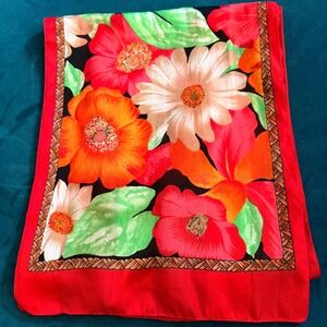 Vibrant Floral Silk Scarf Women's Red Orange White Daisy Tropical